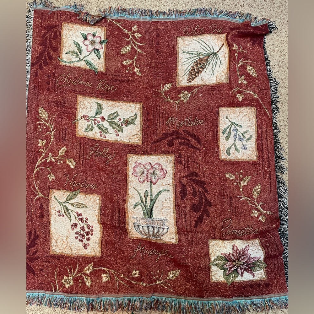 Vintage Christmas throw blanket Holiday Botanical metallic tapestry 50” by 60”